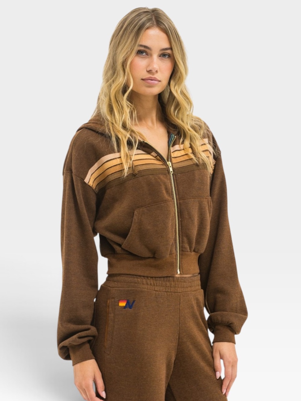 Aviator Nation 5 Stripe Cropped Zip Hoodie Chocolate Espresso Size M NWT - Picture 5 of 9